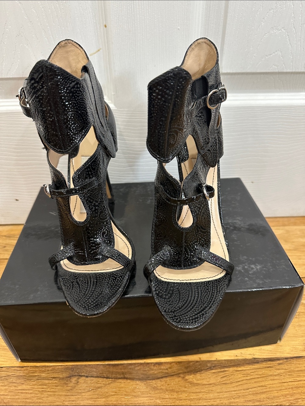 Textured Black Cutout High Heels with Buckle Straps